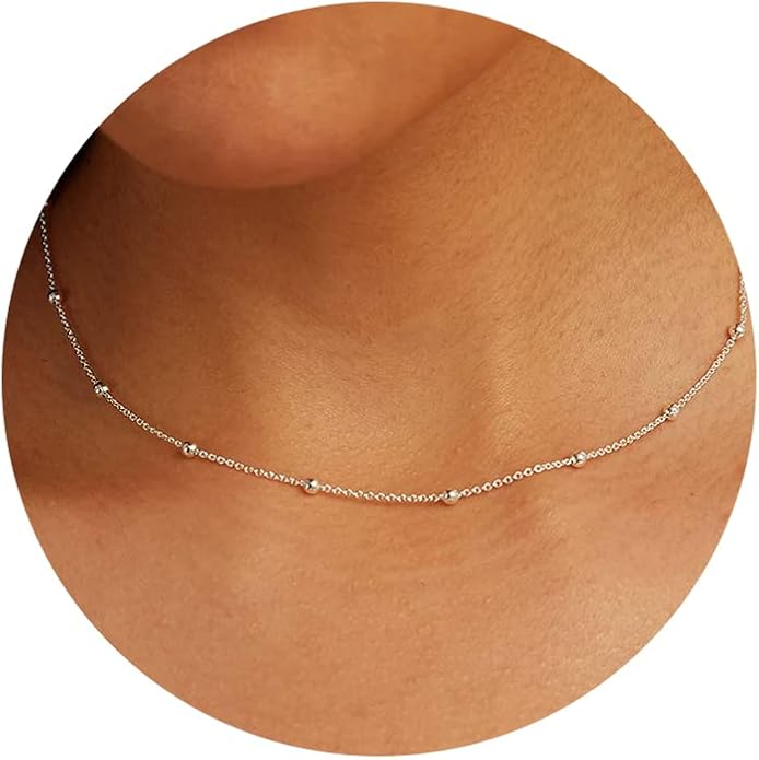 CHESKY 14k Gold Plated/Silver Plated Dainty Necklace for Women, Trendy Satellite Choker Necklace Thin Beaded Layered Choker Necklaces Discs Paperclip Chain Necklaces Womens Simple Jewelry