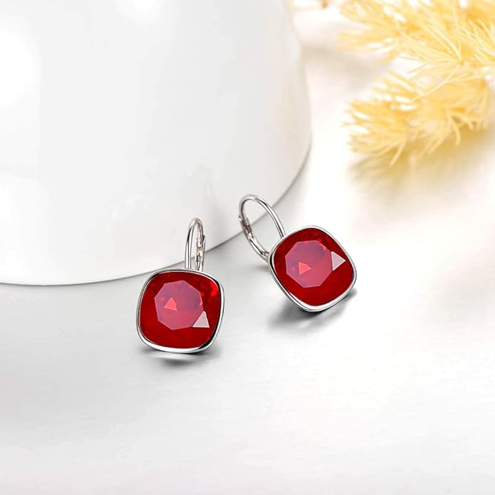 AOBOCO Sterling Silver Leverback Earrings Embellished with Crystals from Austria, Hypoallergenic Cushion Cut Square Crystal Earrings, Fine Anniversary Birthday Jewelry Gifts for Women