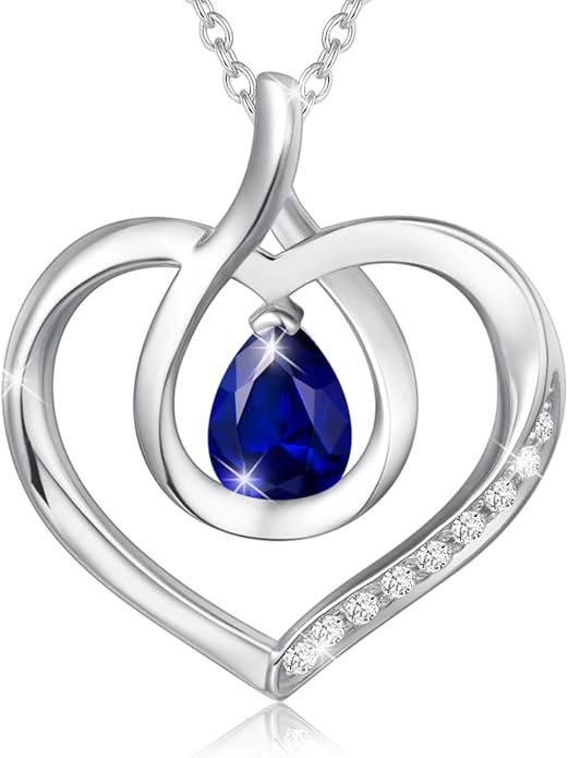 AGVANA Valentines Day Gifts Heart Birthstone Necklace for Women Sterling Silver Genuine or Created Gemstone Forever Love Pendant Necklace Fine Jewelry Anniversary Birthday Gifts for Women Mom Wife