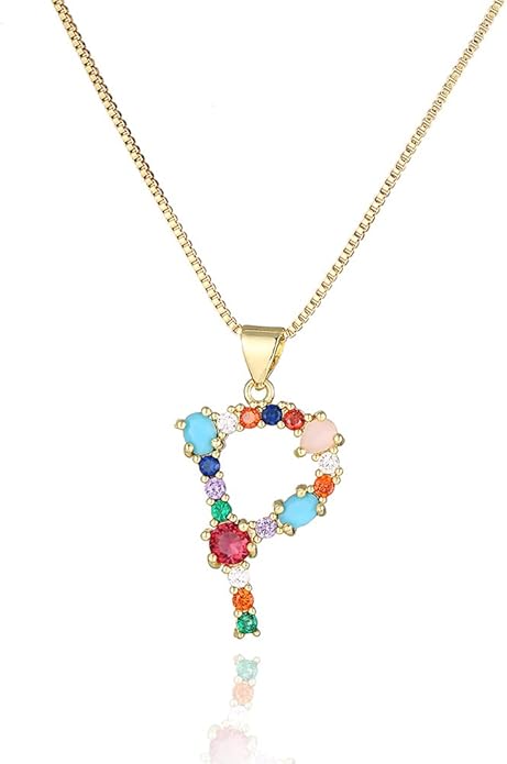 Eben-Ezer 18K Gold Box Chain Choker Initial Necklace Multi-Color Zircon Letter Pendant Script Name Custom Necklace for Women Gift Alphabet 26 A-Z