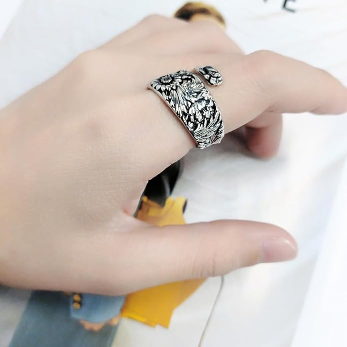 Retro Sunflower Spoon Rings for Women Adjustable Oxidized Silver Victorian Vintage Boho Finger Comfort Fit Adjustable Floral Thumb Jewelry Cherry Blossom Wrap Around Open Band Xmas Gifts