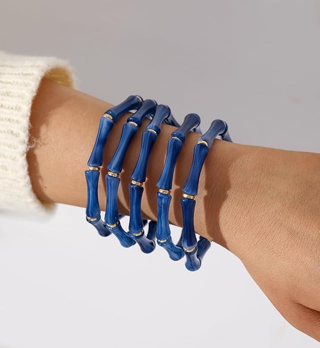 iF YOU 6pcs Chunky Acrylic Bangle Bracelets for Women, Resin Bamboo Brown Stretchy Bracelet Stack, Fashion Jewelry for Women