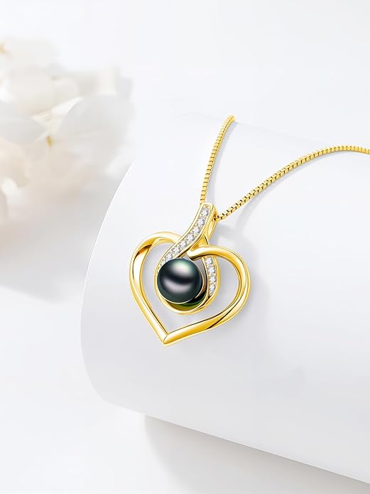 Tahitian Black Pearl AAAA 18K White Gold Plated Sterling Silver Heart Pendant Necklace for Women Wife Mom Girlfriend Valentine Her Jewelry Gift for Anniversary Birthday Christmas