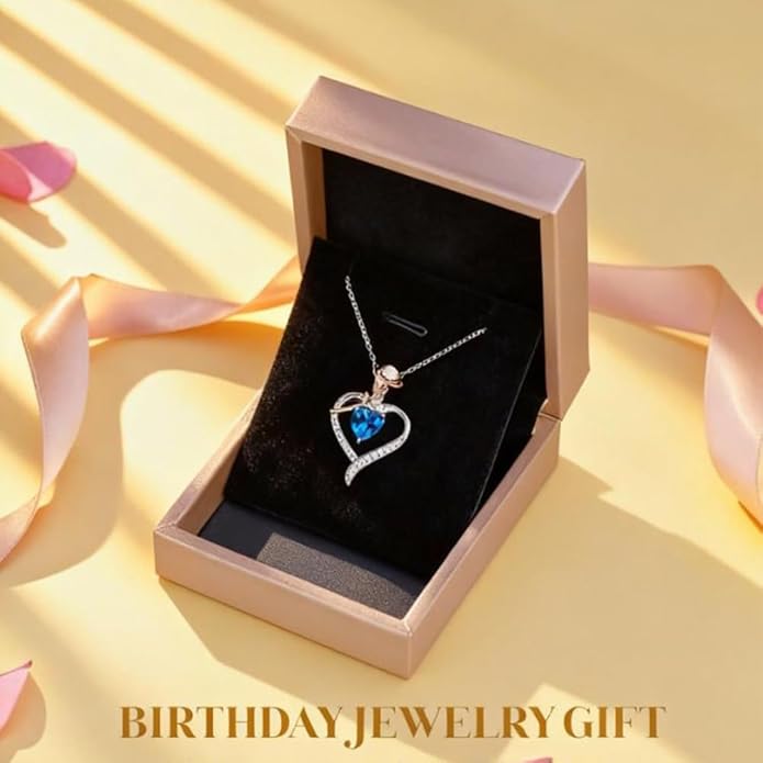 immobird Rose Gold Heart Necklace Birthstone Jewelry Sterling Silver Jewelry Plated White Gold Valentine's Day Gift Women for Wife Mom Necklace for Women