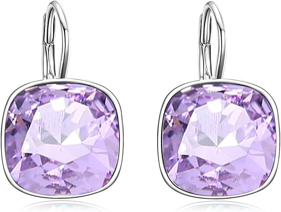 AOBOCO Sterling Silver Leverback Earrings Embellished with Crystals from Austria, Hypoallergenic Cushion Cut Square Crystal Earrings, Fine Anniversary Birthday Jewelry Gifts for Women