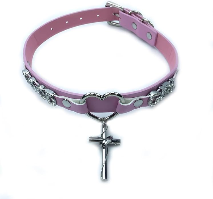 Succuba Handmade Heart Ring Rhinestone Letter Pu Leather Choker Collar Necklace for Women and Men