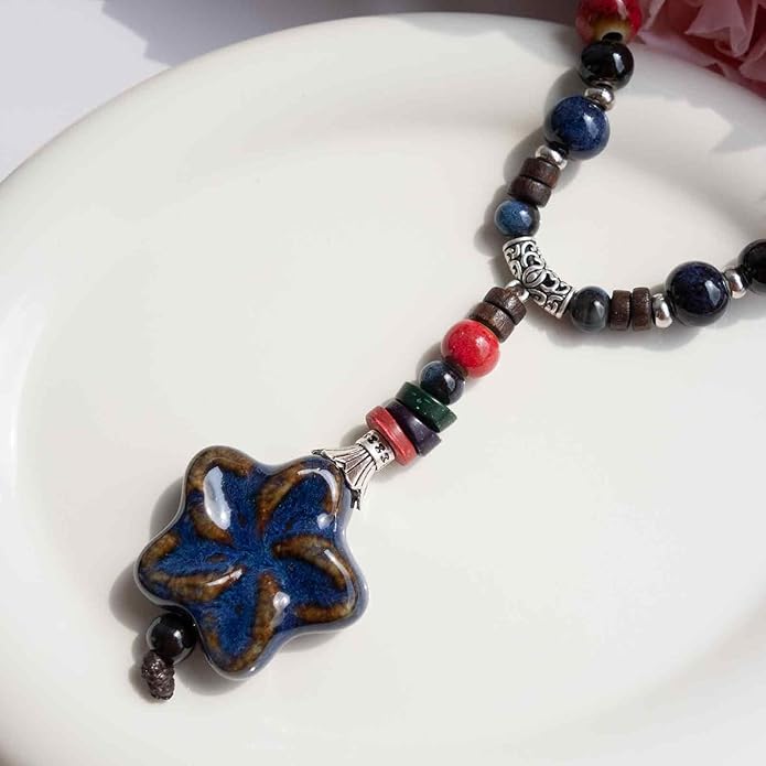 Adjustable Ceramic Beaded Necklace for Women, Boho Handmade Flower Pendant Necklace, Hippie Jewelry for Mom and Wife