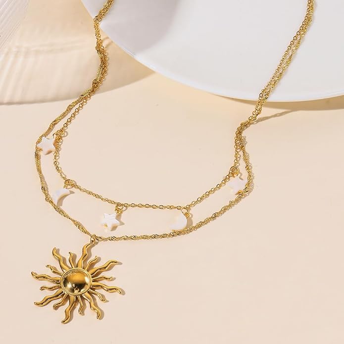 Gold Necklace for Women, Dainty 14K Gold Plated Layered Sun Pendant Necklace Gold Charm Chocker Jewelry Gift for Her