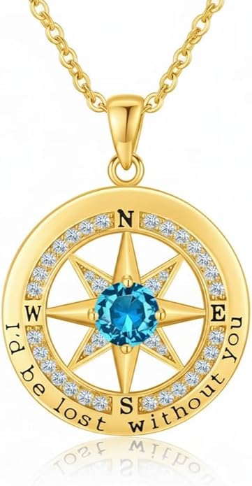 Compass Necklace for Women Wife Girlfriend Mom Daughter Gifts S925 Sterling Silver Jewelry For Anniversary Rose Gold Gifts For Birthday Christmas Mothers Valentines Day 12 Birthstones
