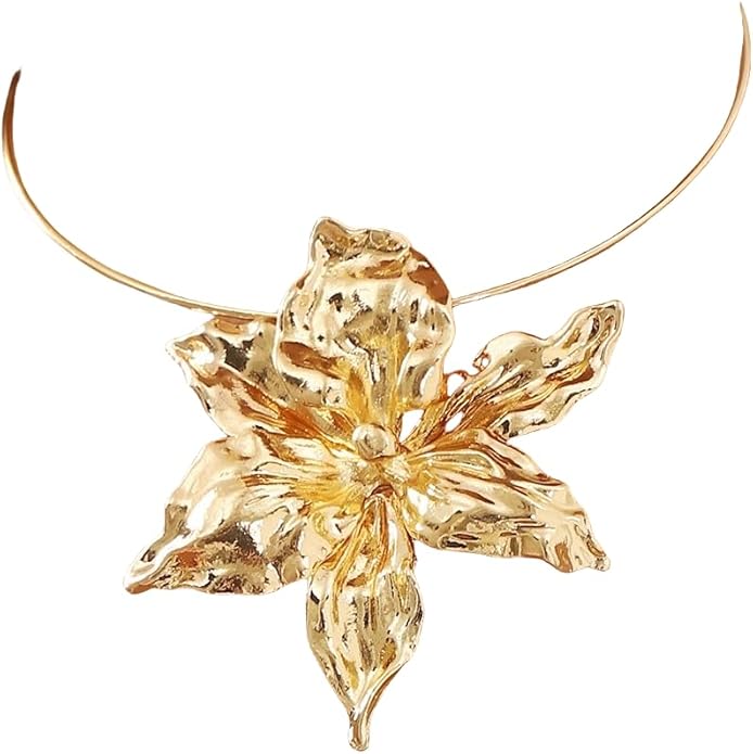Statement Metallic Alloy Flower Necklace for Women - Large Floral Pendant Vintage Open Choker Hawaiian Vacation Beachy Boho Fashion Jewelry