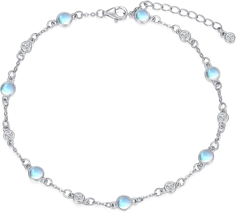 Anklet Bracelet for Women 925 Sterling Silver Natural Stone Chain Ankle Bracelet Beach Summer Fine Jewelry Valentines Day Birthday Gifts for Her Mom Wife