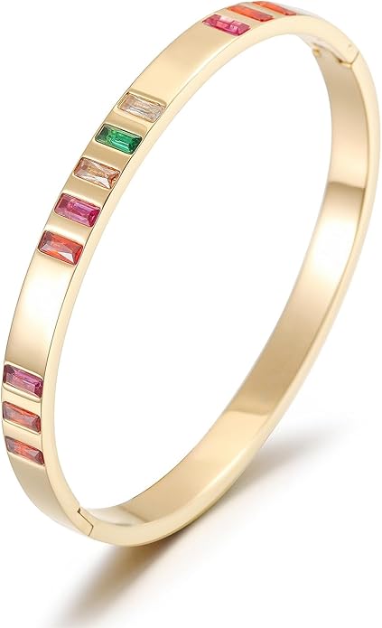 CIUNOFOR 14K Gold Plated Bangle Bracelet for Women, Colorful CZ Stone Inlay Hinged Bracelet, 7 Inch Inner Circumference, Fits 6.5–7.0 Inch Wrist, Slim Statement Jewelry