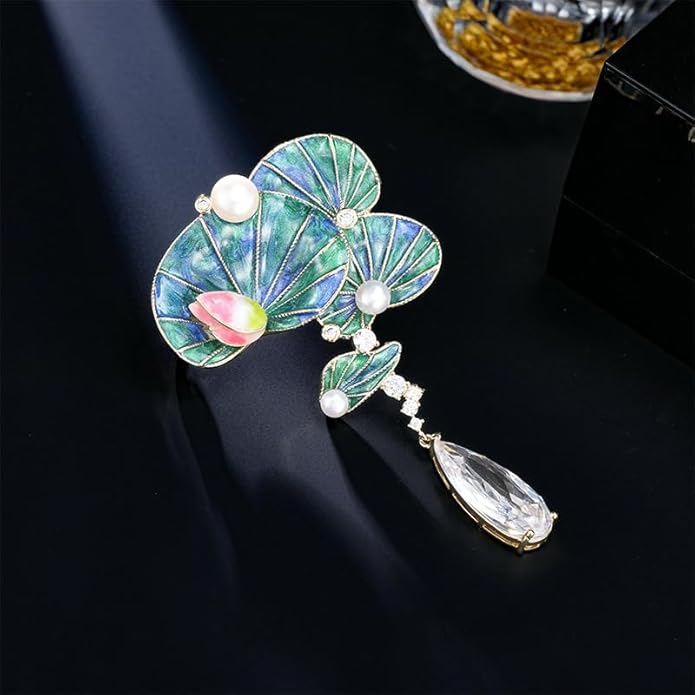14K Gold Handmade Enamel Water Lily Brooch, Freshwater Pearl Pendant, Elegant Design for Cheongsam, Coats and Chinese Style Outfits