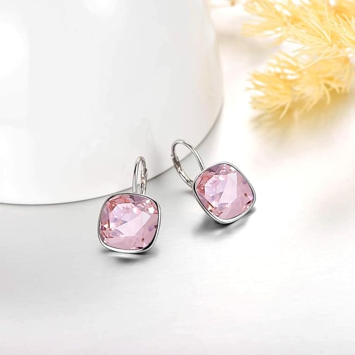 AOBOCO Sterling Silver Leverback Earrings Embellished with Crystals from Austria, Hypoallergenic Cushion Cut Square Crystal Earrings, Fine Anniversary Birthday Jewelry Gifts for Women
