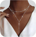 Luxval Lariat Gold Necklace for Women, Dainty Long Necklace 14k Gold Plated/Silver Y-Shaped Pendant Necklaces Trendy Beaded Chain Drop Necklaces Jewelry for Women Gifts