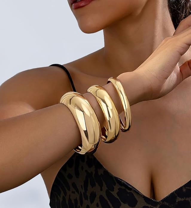 Chunky Gold Bangle Bracelets for Women, Dainty 14k Gold Plated Big Stackable Bangles Set, Trendy Statement Cuff Bracelet Stack Fashion Jewelry Christmas Gifts
