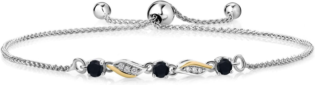 Gem Stone King 3-Stone Adjustable Bracelet for Women | 925 Silver and 10K Yellow Gold | Gemstone Birthstone and Lab Grown Diamond | Round 3MM | Two-Tone Adjustable Tennis Bracelet Up to 9 Inch
