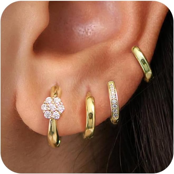 4Pairs Statement Gold Hoop Earrings for Women Trendy,Surgical Steel Gold Plated Hoop Hypoallergenic Earrings Set,Titanium Hoops Earring Stacks,CZ Cartilage Huggie Hoops Earring Gifts for Girlfriend
