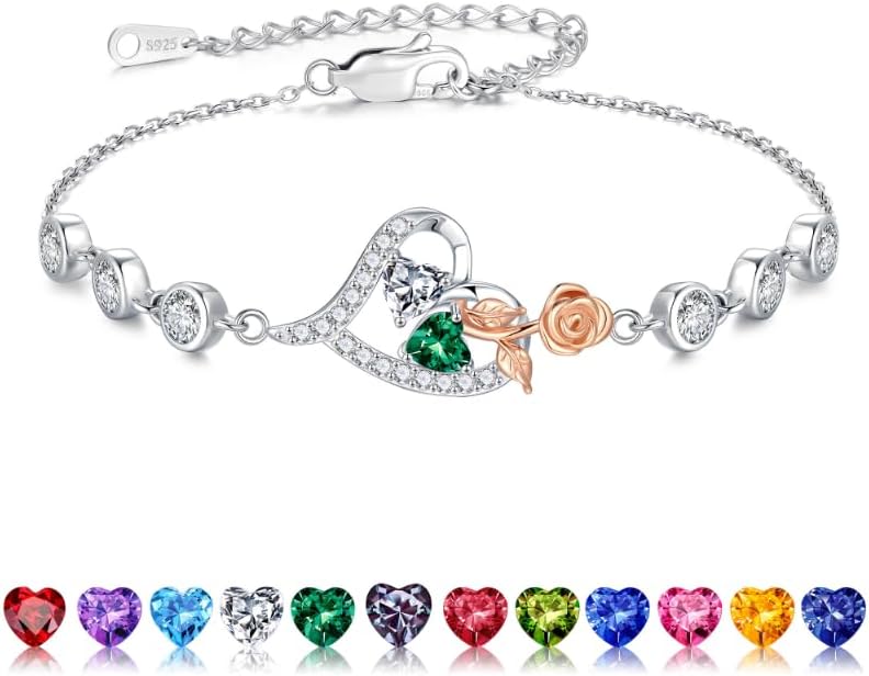 Iefil Valentines Day Gifts for Her - 925 Sterling Silver Rose Heart Birthstone Bracelets, Anniversary Birthday Gifts for Women Wife Mom Daughter, 6"+2"