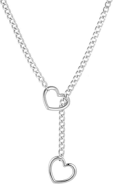 Heart Slip Chain Necklaces for Women,Stainless Steel O-Ring Adjustable Lariat Y-Necklace,Punk Gothic Cuban Collar Choker Necklace for women