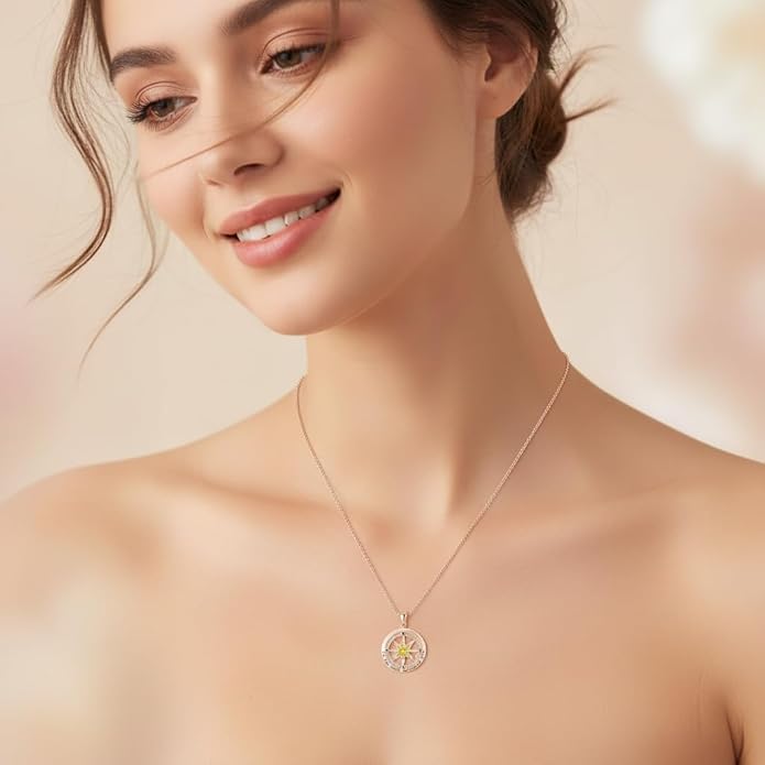 Compass Necklace for Women Wife Girlfriend Mom Daughter Gifts S925 Sterling Silver Jewelry For Anniversary Rose Gold Gifts For Birthday Christmas Mothers Valentines Day 12 Birthstones