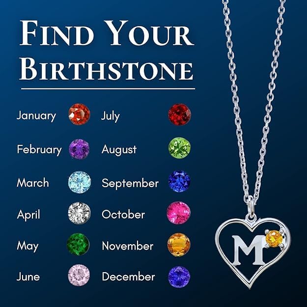 Silver Sterling Necklace Initial Letter A-Z Birthstone for Women – Personalized Custom Jewelry Pendant with Heart Design Customized Dainty Charm for Wife Girlfriend Mom – 18" Box Chain