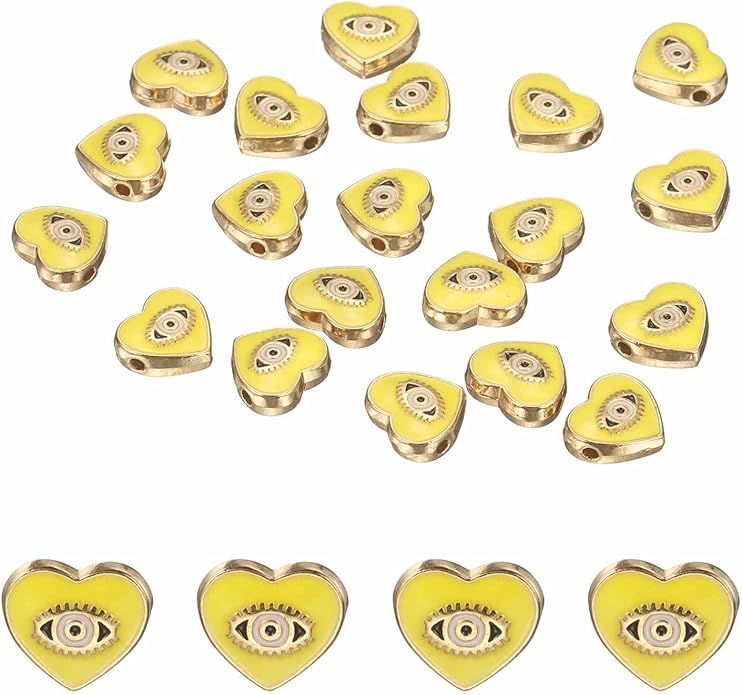 MECCANIXITY 20 Pcs Heart Evil Eye Beads Colorful Alloy Enamel Loose Spacer Charm Beads for DIY Bracelet Earrings Necklace Crafts Jewelry Making, Yellow