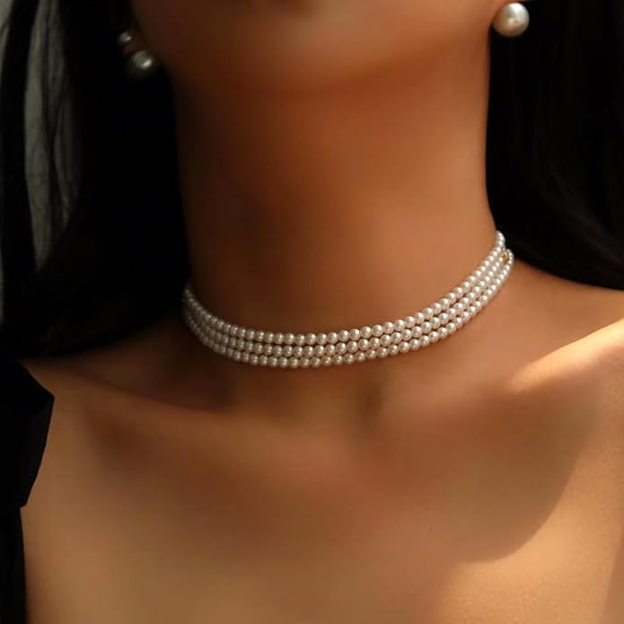 Zeffy Pearl Necklace 4MM/6MM/8MM Dainty Round Imitation Pearl Choker Necklace Wedding Pearl Necklace Delicate Jewelry for Women Simple Bridesmaid Jewelry Gifts