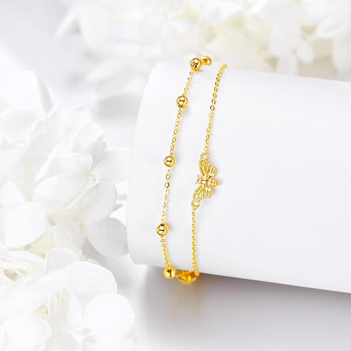 KECHO 14k Yellow Gold Butterfly/Dragonfly/Frog/Sunflower/Daisy/Tree of life/Moon/Clover Bracelet Anklet for Women