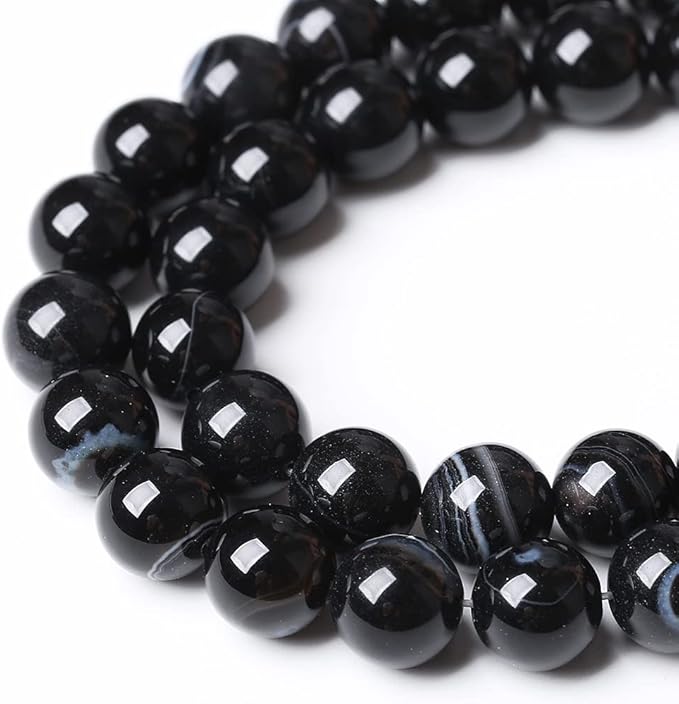 90PCS 4mm Natural Black Striped Agate Beads Gemstone Round Loose Beads for Jewelry Making DIY Bracelet Necklace 15" Inch (Black Striped Agate Beads, 4mm)