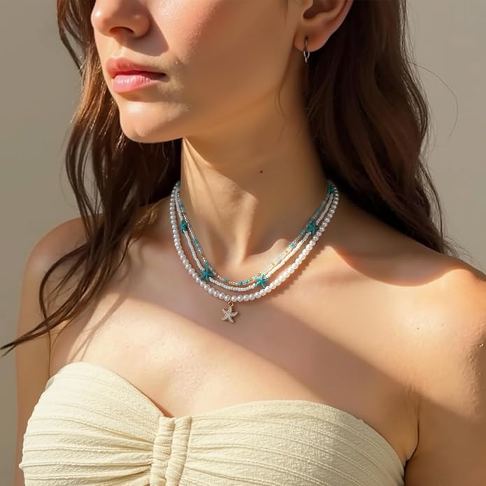 Women's Shell Starfish Boho Layered Beaded Necklace Choker for Summer Beach Vacation Gifts for Birthday/Anniversary/Christmas