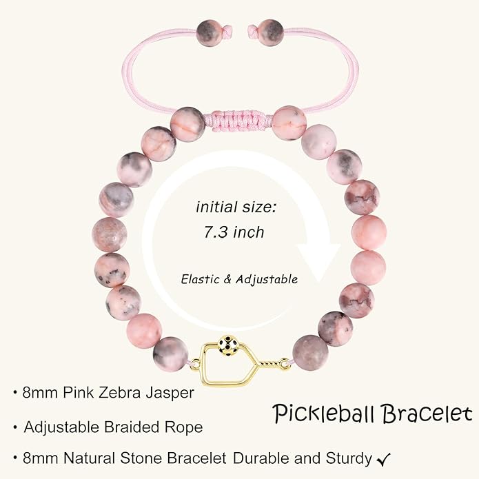 Natural Stone Adjustable Braided Beaded Pickleball Bracelet Charm Jewelry - Sports Lover Pickleball Gifts for Women Men Teens Friends