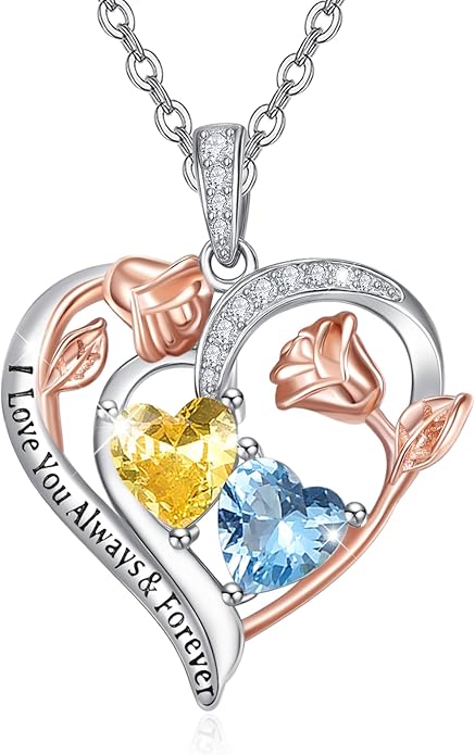 Valentine's Day Gifts for Wife 925 Sterling Silver Double Birthstone Pendant Necklaces I Love You for Always and Forever Necklace Anniversary Birthday Gifts for Wife Girlfriend Mom Her
