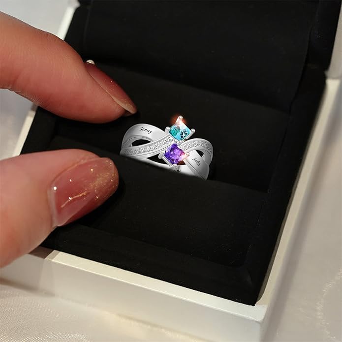 Personalized Heart Birthstone Rings for Women with 2 Birthstones Custom Name Rings for Couple Mother Daughter Jewelry Gift for Mother Her Christmas