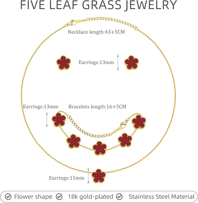 Gold Necklaces Bracelets Earring Set - 18K Gold Plated Flower Bracelet Chain,Stainless Steel Non Tarnish Floral Pendant Stud Jewelry Sets,Christmas Birthday Lucky Gift for Mom Wife Daughter Girlfriend