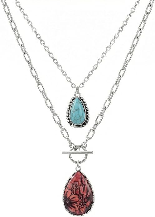 2 Pcs Western Necklaces for Women Silver Plated,Layered Boho Cowgirl Necklace Set with Teardrop Pendant,Turquoise Necklace,Western Jewelry for Women Rodeo Country Concert Jewelry Accessories