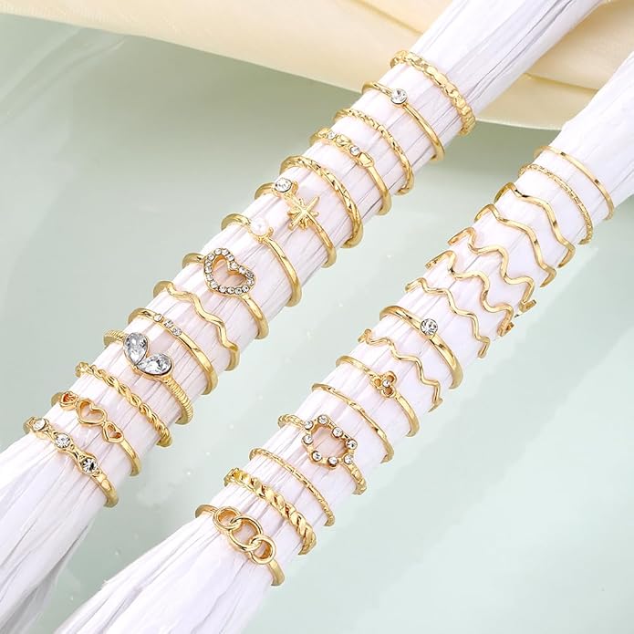 19-36 Pcs Gold Boho Knuckle Rings Set for Women, Vintage Stackable Dainty Joint Finger Gold Jewelry Set with Love Pearl and Sparkling Crystals