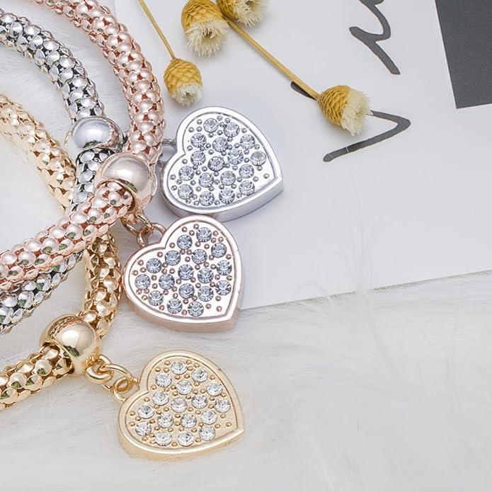 Crystal Charms Multilayer Bracelets - 3PCS Gold/Silver/Rose Gold Corn Chain Bracelet for Women, Tree of Life Heart Shaped Stretch Bracelet