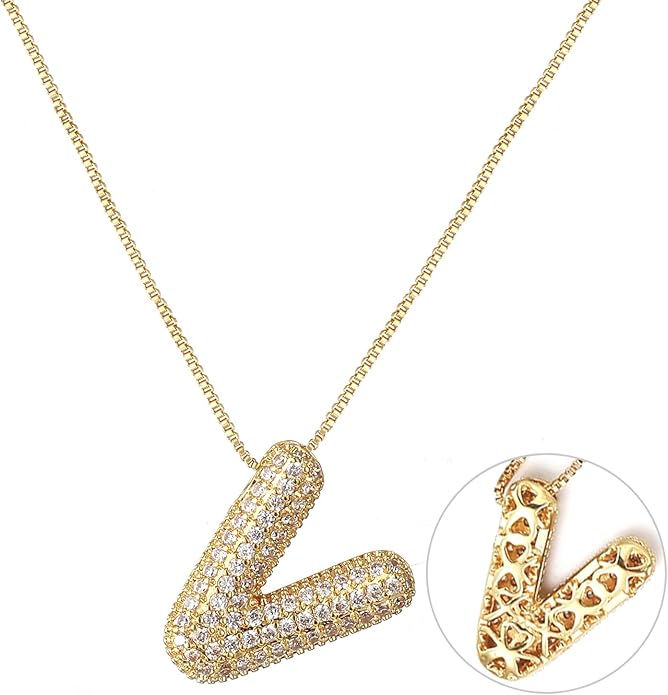 RWQIAN Letter Necklace for Women Bubble, Chunky Initial Alphabet A-Z Pendant Puffy Name Personalized Necklace Dainty Zircon CZ Fashion Jewelry Gifts for Girls Girlfriend