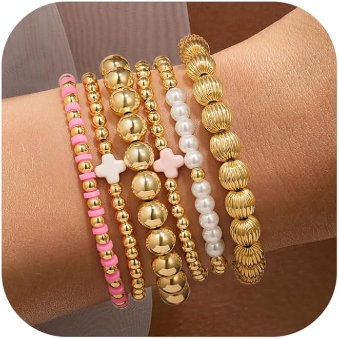 Yoosteel Valentines Day Gifts for Her Kids Teen Girl - 14K Gold Plated Dainty Round Beaded Ball Pearl Cross Bracelet Stack Set for Women Trendy Non Tarnish Teenage Girls Stackable Jewelry Gift