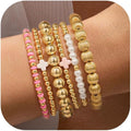 Yoosteel Valentines Day Gifts for Her Kids Teen Girl - 14K Gold Plated Dainty Round Beaded Ball Pearl Cross Bracelet Stack Set for Women Trendy Non Tarnish Teenage Girls Stackable Jewelry Gift