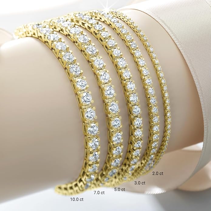 5 Carat - 10 Carat Lab Grown Diamond Tennis Bracelet | 14K Yellow Gold Four prong Link Tennis Bracelet Size 6.5 To 8 inch | D-E color and VS1 clarity