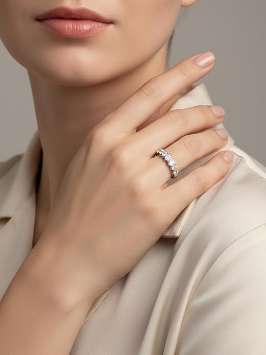FWM D Color VVS1 Clarity Moissanite Hexagonal Eternity Rings for Women, Solid 925 Sterling Silver, Size 4-11, Stackable Wedding Band, Anniversary Mothers Day Valentines Jewelry