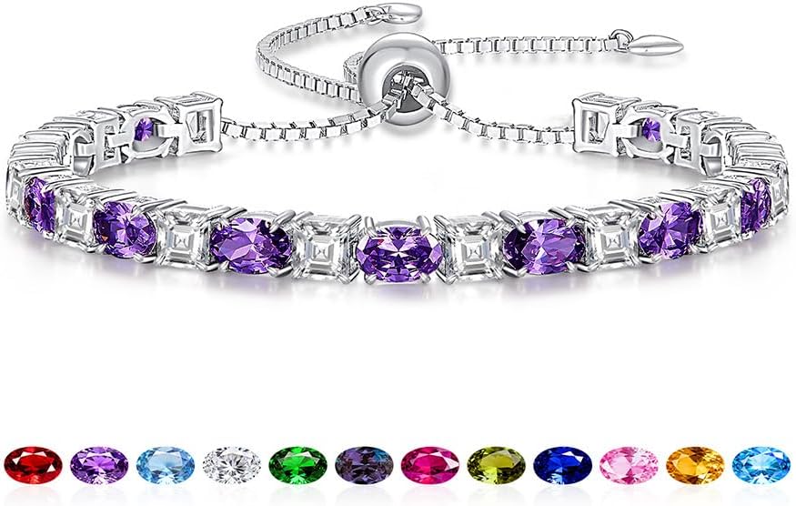 Sterling Silver Birthstone Bracelets for Women White Gold Tennis Bracelets Adjustable Chain 6-9 Inchs Jewelry Hypoallergenic Anniversary Birthday Gifts for Women Mom Wife Her