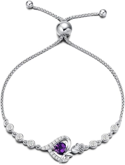 AGVANA Valentines Day Gifts Rosy Reverie Birthstone Bracelet for Women Sterling Silver Genuine or Created Gemstone Tennis Bracelet Rose Heart Jewelry Anniversary Birthday Gifts for Women Mom Wife Her