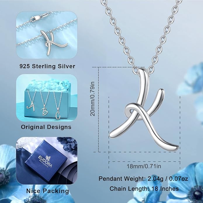 EUDORA Sterling Silver Initial Necklaces for Women, Classic 26 Letter Neckless Gifts for Girls, Sister, Mother Daughter, 18 inch Chain