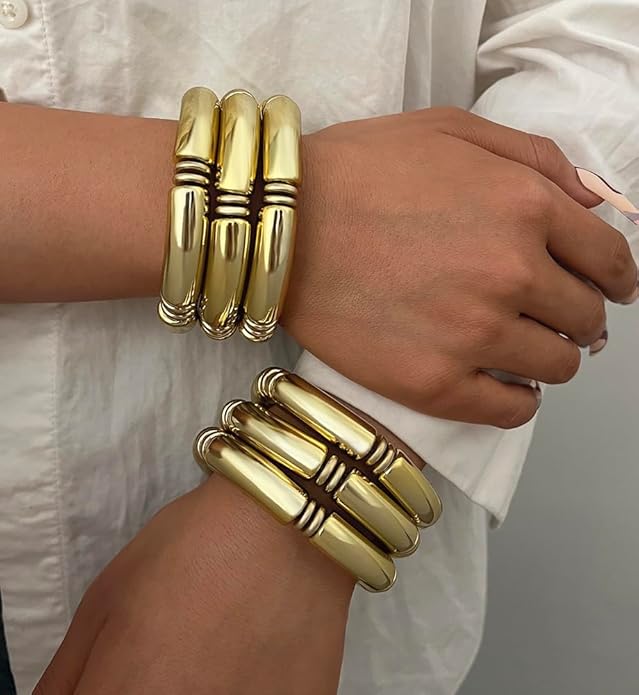 iF YOU 6pcs Chunky Acrylic Bangle Bracelets for Women, Resin Bamboo Brown Stretchy Bracelet Stack, Fashion Jewelry for Women