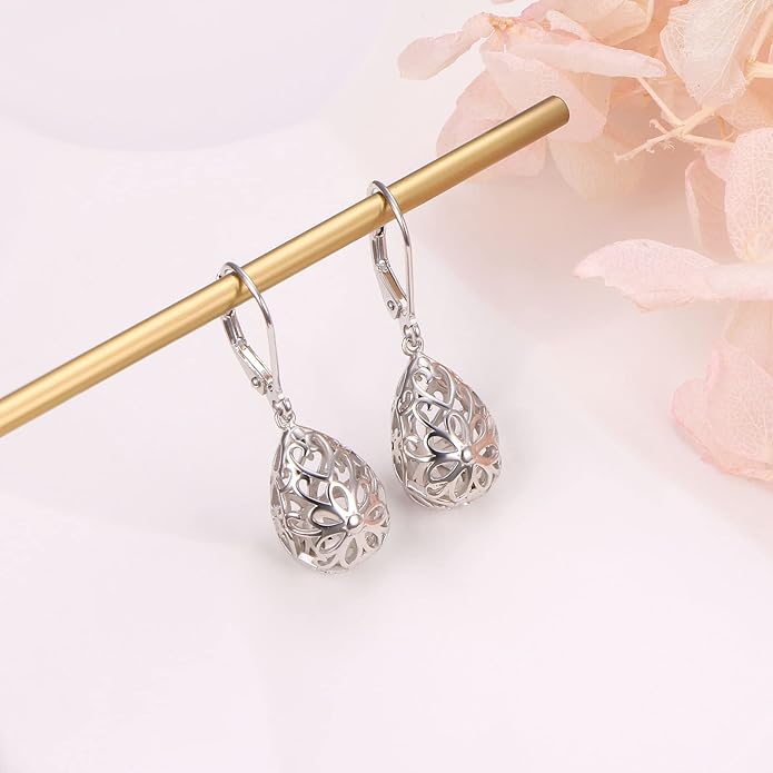 925 Sterling Silver Filigree Dangle Drop Earrings Daisy/Lotus/Rose Flower/Moonstone Leverback Teardrop Earrings for Women Infinity Celtic Knot Daisy Lotus Jewelry for Mothers Day