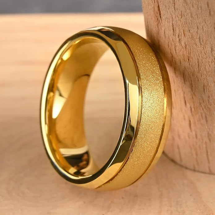 Golden Tungsten Carbide Ring for Men Women 8mm/6mm Sandblasted Inlaid Groove Men's Engagement Wedding Bands Fashionable and Luxurious