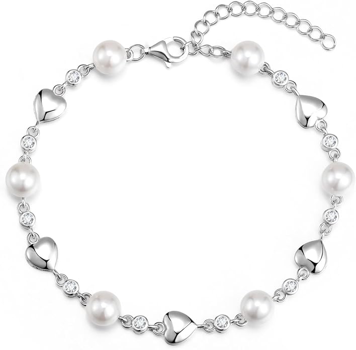Carleen Birthstone Bracelets for Women 925 Sterling Silver Five Heart Station Created Gemstone Tennis Bracelet Jewelry Anniversary Birthday for Wife, 7"+1.2" Extender